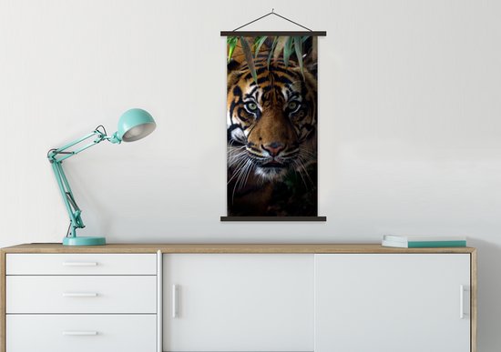 Porte-affiche avec affiche - Affiche scolaire - Tigre - Feuilles - Jungle - Animaux - Sauvage - 60x120 cm - Lattes noires