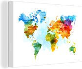 Canvas Wereldkaart - 30x20 - Wanddecoratie Wereldkaart - Waterverf - Regenboog - Kinderen - Jongens - Meisjes
