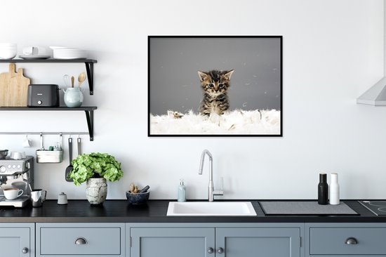 Photo encadrée - Chaton entre les plumes cadre photo noir sans passe partout 80x60 cm - Affiche encadrée (Décoration murale salon / chambre)