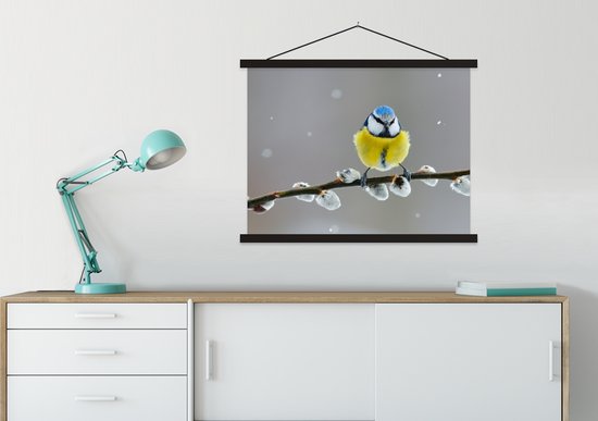 Posterhanger incl. Poster 60x45 cm - Schoolplaat - Pimpelmees - Vogel - Tak - Geel - Blauw - Textielposter - Zwarte latten