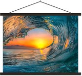 Posterhanger incl. Poster 150x113 cm - Schoolplaat - Zonsondergang - Water - Golf - Oranje - Textielposter - Blanke latten