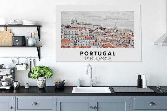 Tableau Peinture Portugal - Europe - Rouge - Skyline - 140x90 cm - Décoration murale
