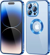 Hoesje Geschikt voor iPhone 14 Pro – Met Magnetisch Ring Magesafe compatibel backcover – Lens beschermer – Transparant / Blauw