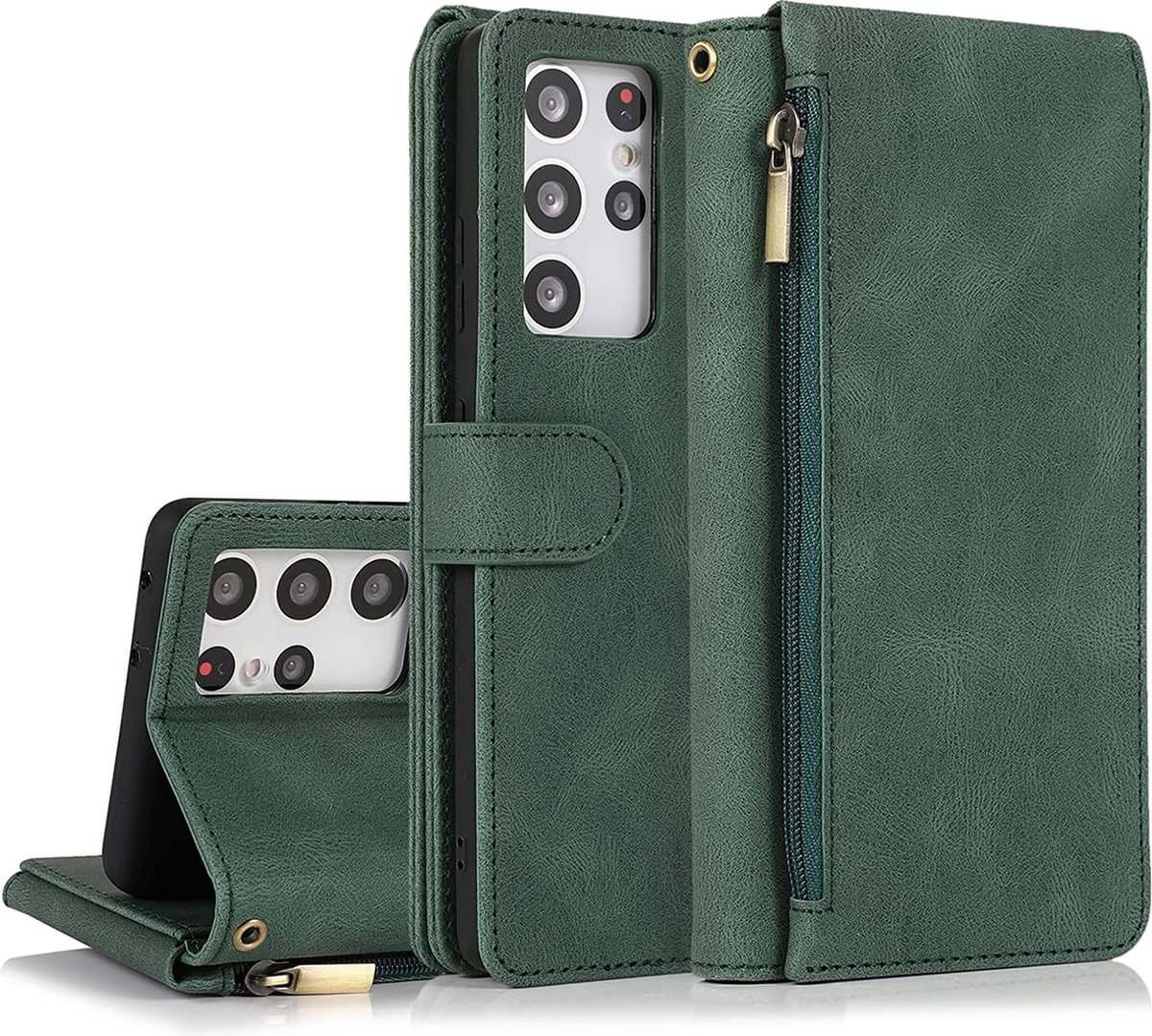 Casemania Hoesje Geschikt voor Samsung Galaxy S22 Ultra - Groen - Luxe Portemonnee Book Case met Rits & Extra Vakken