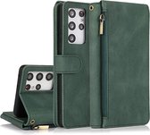 Casemania Hoesje Geschikt voor Samsung Galaxy S22 Ultra Groen - Luxe Portemonnee Book Case met Rits & Extra Vakken