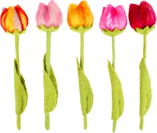 Tulipes en Feutres - Tige Verte - Set Complet de 5 pièces - 32cm