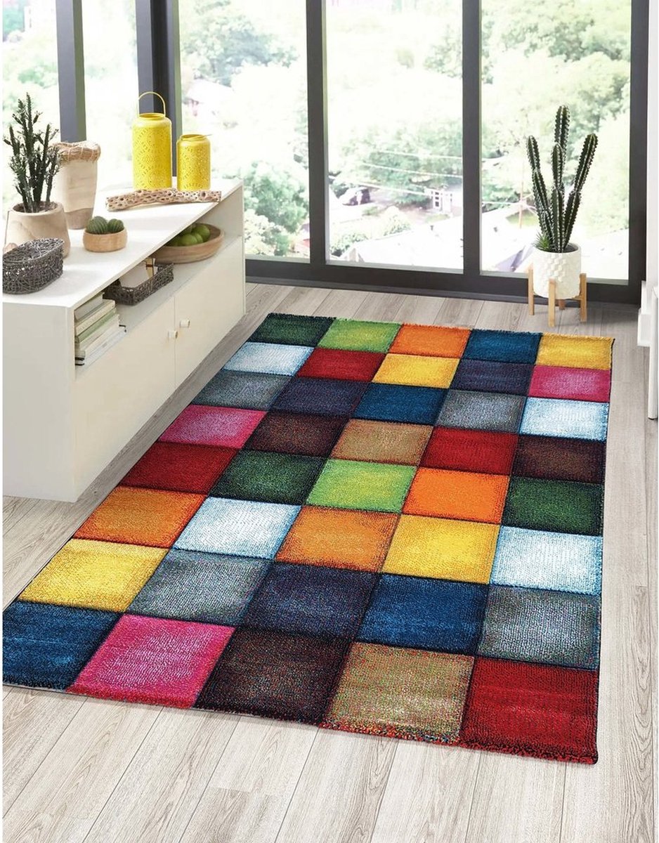 Flycarpets Vernazza Vloerkleed Kleurrijk - Geblokt motief - Laagpolig Vloerkleed Woonkamer - 160x230 cm