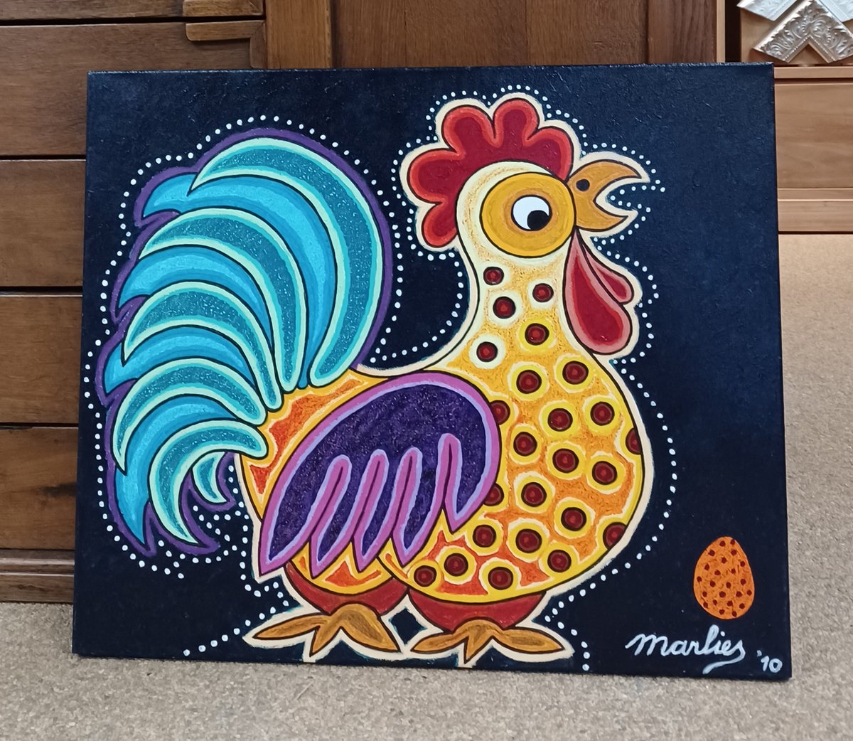 Origineel Schilderij Marlies van Wezel - Kip met het gouden ei 60 x 50 cm