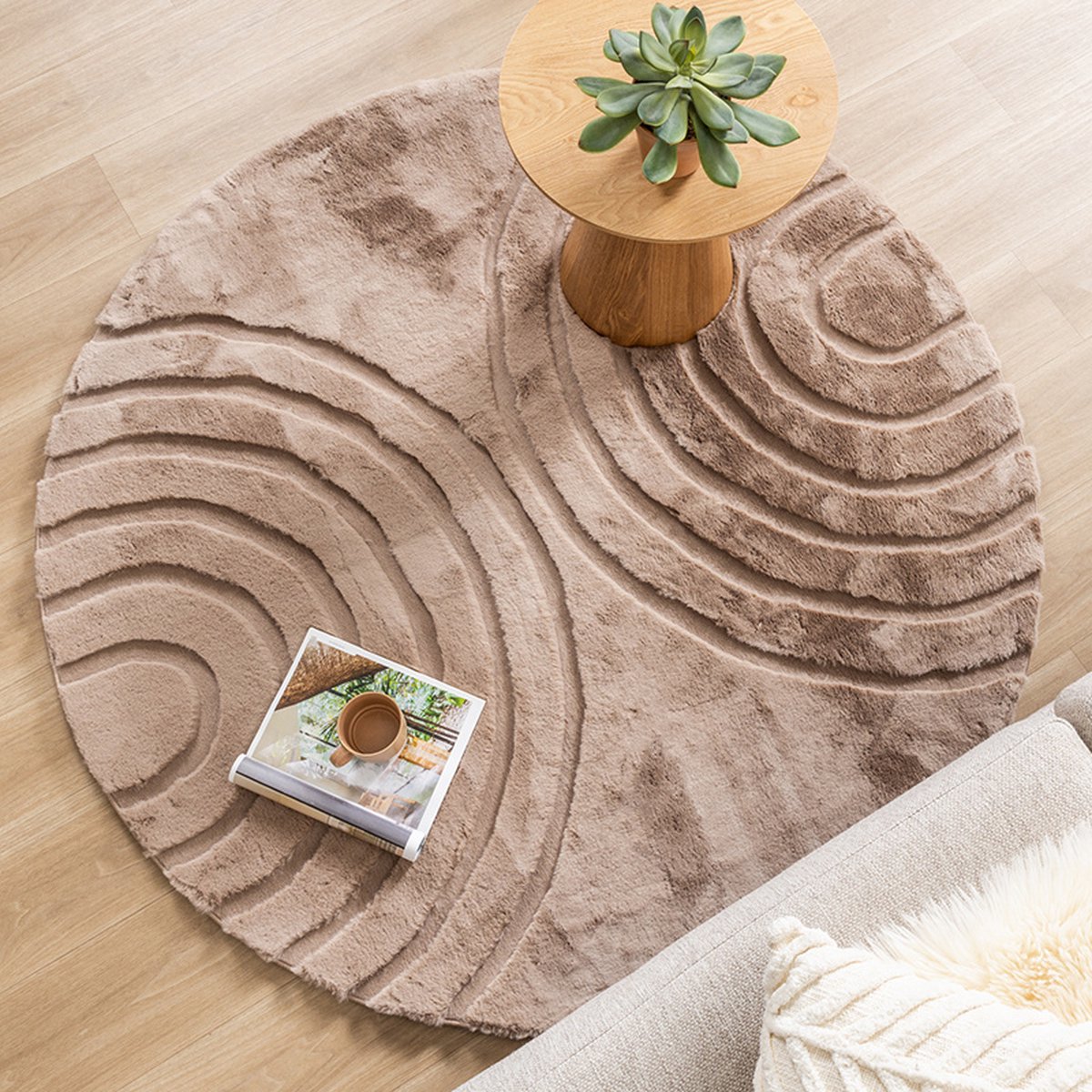 FRAAI Rond hoogpolig vloerkleed - Carvy Arches Taupe - Ø 230cm