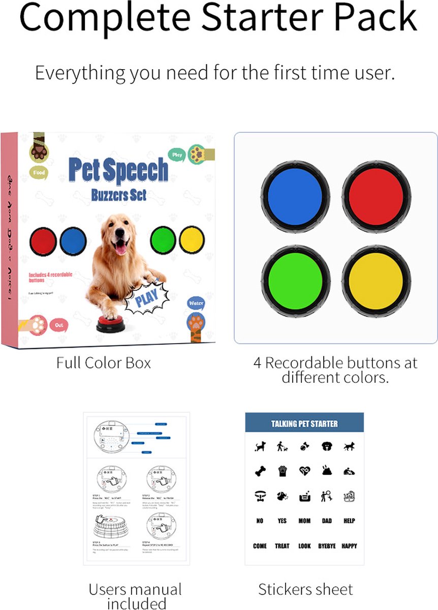 Pack de 4 boutons d'enregistrement vocal enregistrables pour chiens pour la  communication, pour les chats, buzzer de dressage d'animaux de compagnie