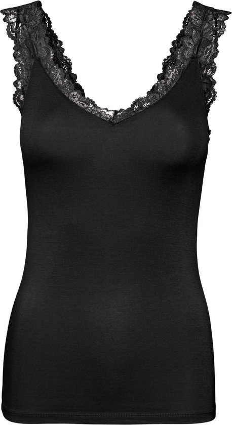 Zwarte kanten tanktop met V-hals en kanten rand, op een witte achtergrond.