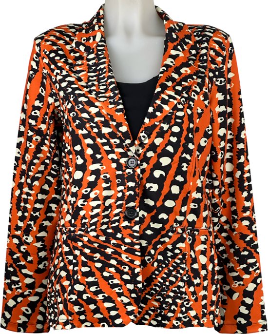 Angelle Milan - Oranje-Zwarte print blazer voor Dames - Travelstof - Comfort - Strijkvrij - Duurzaam - Maat XL - In 5 maten!
