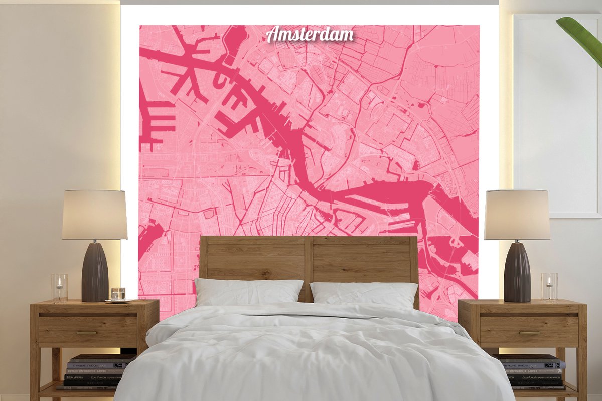 Behang - Fotobehang Stadskaart - Amsterdam - Roze - Breedte 300 cm x hoogte 300 cm - Plattegrond