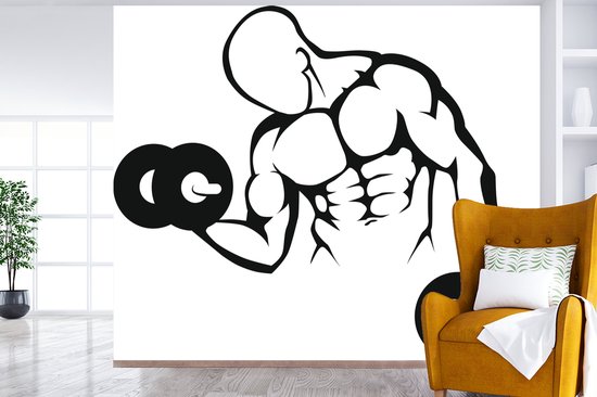 Papier peint photo vinyle - Une illustration d'un bodybuilder avec des poids largeur 315 cm x hauteur 260 cm - Tirage photo sur papier peint (disponible en 7 tailles)