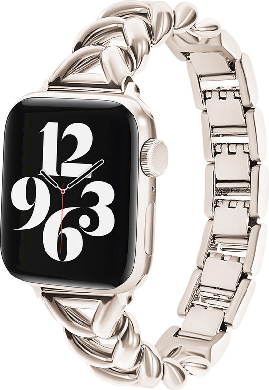 Zilverkleurige metalen Apple Watch band met gevlochten schakels en visgraatpatroon.