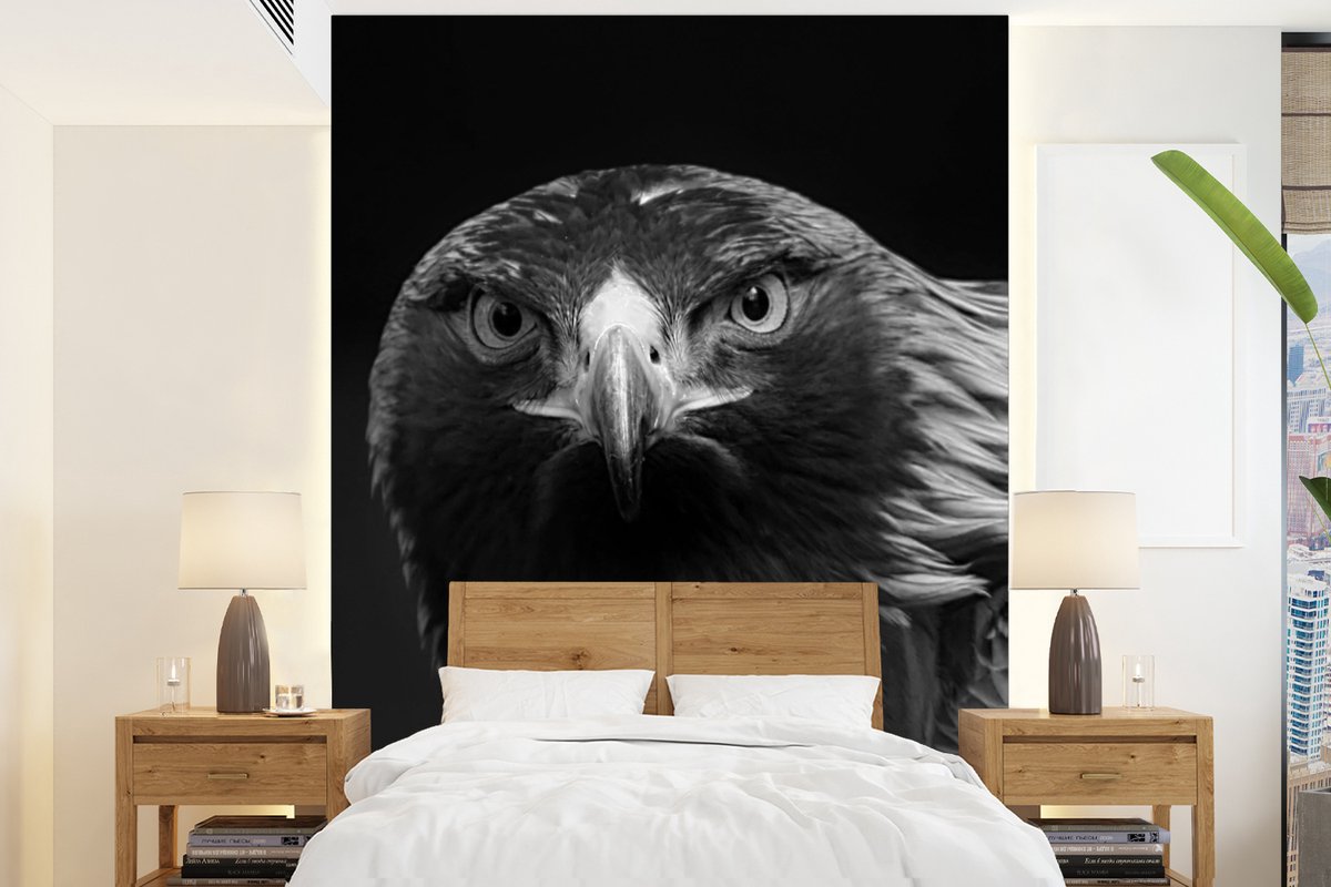 Behang - Fotobehang Buizerd - Vogel - Dieren - Zwart - Wit - Breedte 175 cm x hoogte 240 cm