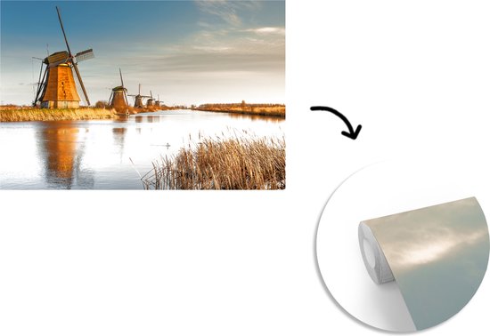 Papier peint vinyle - Moulins à vent de Kinderdijk au coucher du soleil aux Pays-Bas largeur 450 cm x hauteur 300 cm - Tirage photo sur papier peint (disponible en 7 tailles)
