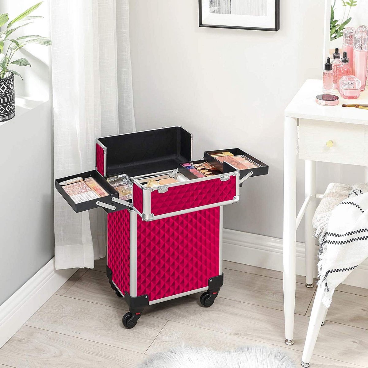 Chariot Organisateur De Maquillage Professionnel 3 étages - Aluminium Noir, 4 Roues, Avec Cadenas