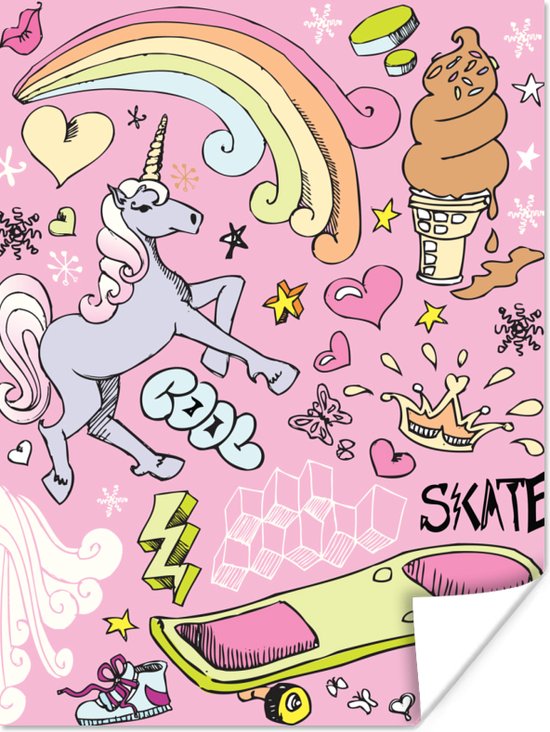 Poster kinderen - Meisjes - Design - Unicorn - Regenboog - Roze - Wanddecoratie meisjes - Poster eenhoorn - 60x80 cm - Decoratie voor kinderkamers