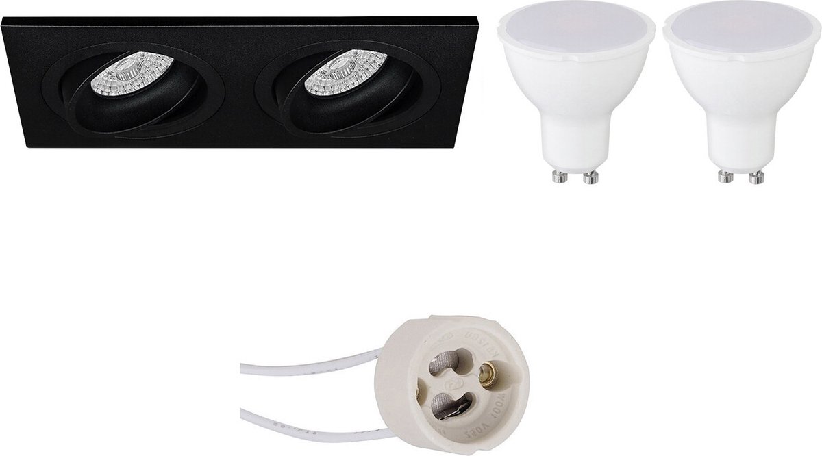 GU10 Inbouwspot Set - Mat Zwart - Inbouw Rechthoek Dubbel - Kantelbaar - Proma Borny Pro - 4W - Warm Wit 3000K - 175x92mm