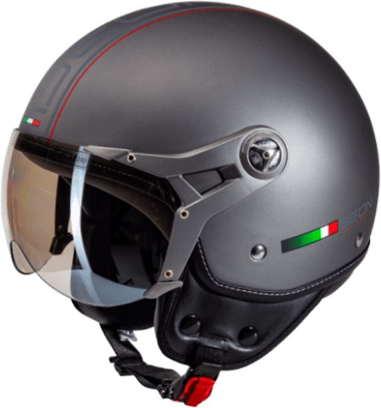 BEON DESIGN-B Scooter helm met vizier - Geschikt als Brommer Motor Snorfiets helm - Retro Vespa scooterhelm - Volwassenen - XXL - Titanium - Gratis helmtas