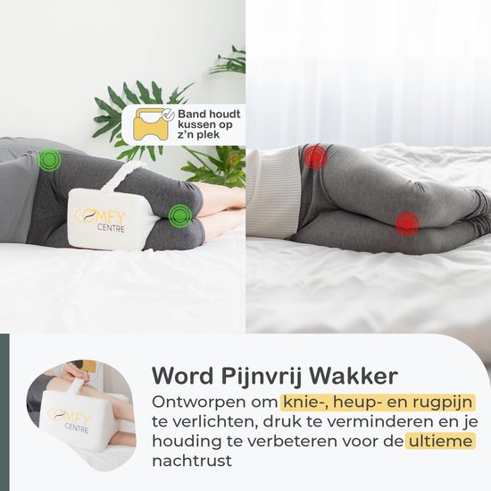 Comfy Centre kniekussen tussen de benen op een bed, met band om op zijn plek te houden. Verlicht pijn.