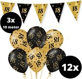 Verjaardag Versiering Pakket 18 jaar Zwart en Goud - Ballonnen Goud & Zwart (12 stuks) - Vlaggenlijn Goud Zwart 10 meter (3 stuks) - Vlaggenlijn gekleurd 18 jarige - Vlaggetjes Slinger Verjaardag 18 Birthday - Birthday Party Decoratie (18 Jaar)