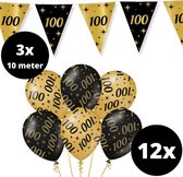 Verjaardag Versiering Pakket 100 jaar Zwart en Goud - Ballonnen Goud & Zwart (12 stuks) - Vlaggenlijn Goud Zwart 10 meter (3 stuks) - Vlaggenlijn Jubileum 100 jarige - Vlaggetjes Slinger Verjaardag 100 Birthday - Birthday Party Decoratie (100 Jaar)