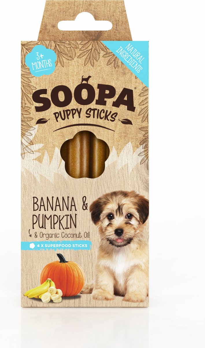 Soopa - Dental sticks - Puppy - Pompoen en Banaan - Display 10 stuks - gezond - hypoallergeen - kauwstaven