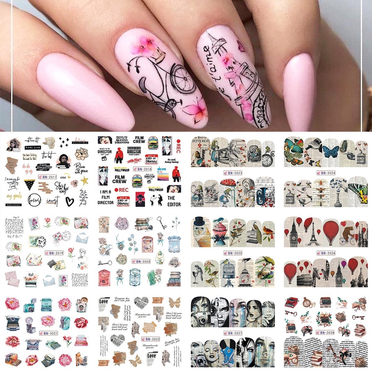 Goedkoopste 12 Stuks Nagelstickers – Retro Krantenstukjes, Postzegels, Vogelkooi – Nail Art Stickers