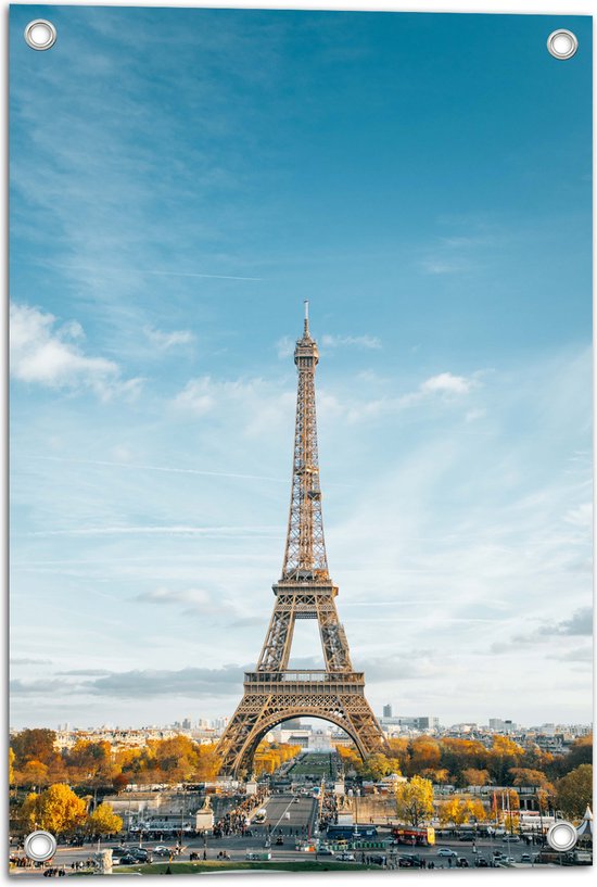 Tuinposter – Eiffeltoren in Parijs onder Lichte Bewolking - 40x60 cm Foto op Tuinposter (wanddecoratie voor buiten en binnen)