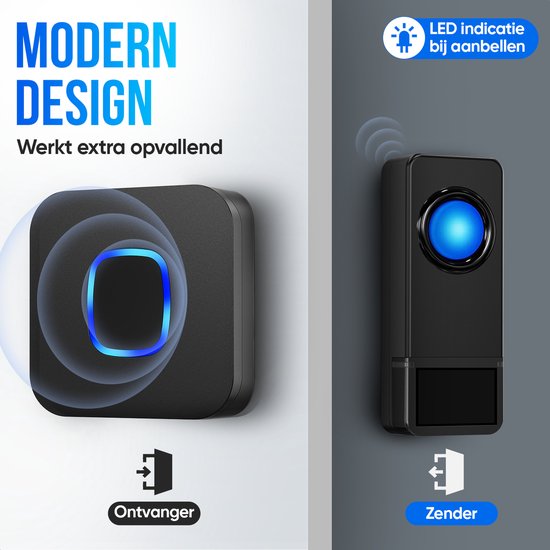 Moderne zwarte deurbel met blauwe LED indicatie, zowel de zender als de ontvanger worden getoond.