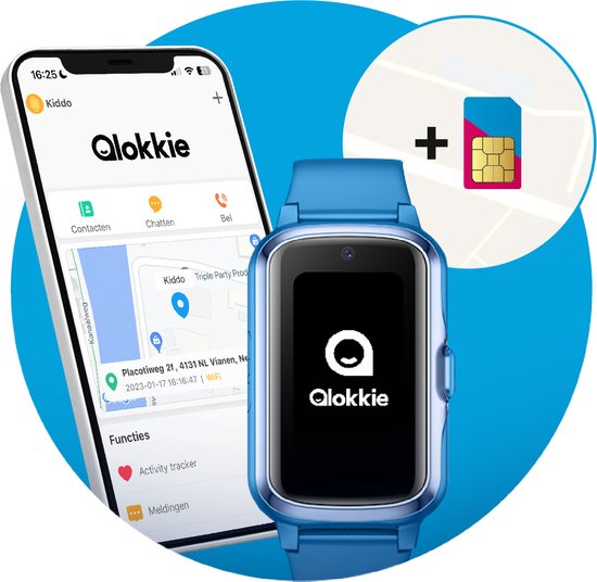 Qlokkie Kiddo Slim - GPS Horloge kind 4G - GPS Tracker - Videobellen - Veiligheidsgebied instellen - SOS Alarmfuncties - Smartwatch kinderen - Inclusief simkaart en mobiele app - Blauw