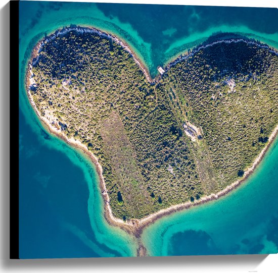 Canvas - Hartvormig Eiland Liggend in Straalblauwe Zee - 60x60 cm Foto op Canvas Schilderij (Wanddecoratie op Canvas)