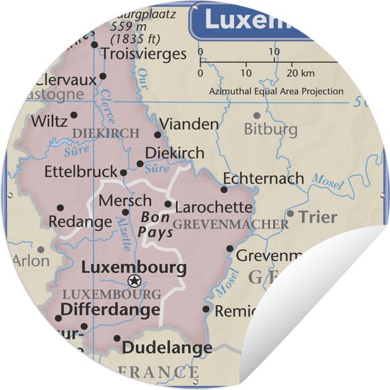 Tuincirkel Illustratie van een kaart van Luxemburg met een blauw kader - 150x150 cm - Ronde Tuinposter - Buiten