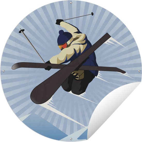 Tuincirkel Een skiër doet een truc in de lucht van een illustratie - 150x150 cm - Ronde Tuinposter - Buiten