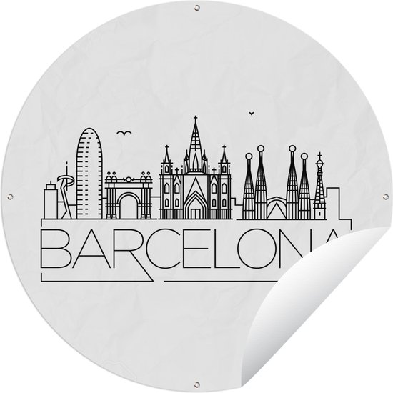 Tuincirkel Skyline "Barcelona" wit - 120x120 cm - Ronde Tuinposter - Buiten XXL / Groot formaat!