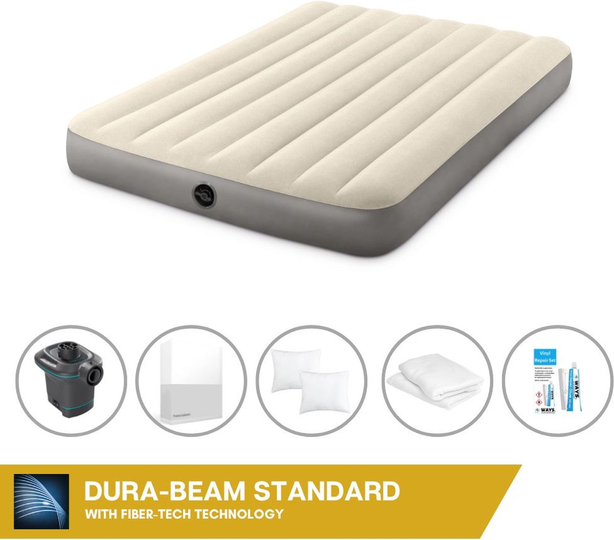 Intex Luchtbed - Twijfelaar - 137 x 191 x 25 cm - Beige - Inclusief Pomp - Hoeslaken - Kussen - Kussenbeschermer en Reparatieset