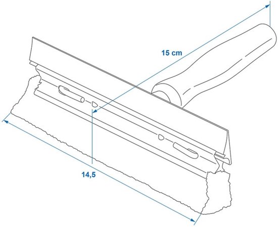 Schematische weergave van raamtrekker met oranje spons en houten handvat.