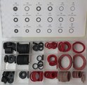 Gedetailleerd overzicht van rubberen, fiber en EVA afdichtringen in diverse maten, met specificaties en illustraties.