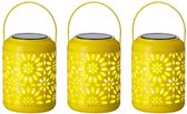 3x stuks solar lantaarn ijzer geel met hengsel 17 cm - Tuinlantaarns - Solarverlichting - Tuinverlichting