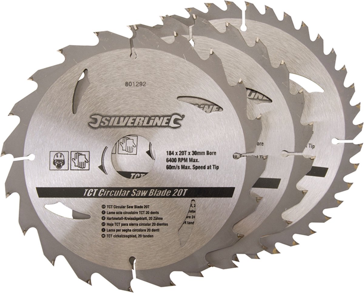 Silverline Cirkelzaagbladenset - 184 mm - 20, 24 en 40 Tanden - Inclusief Verloopringen - 3-delig