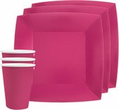 Santex feest/verjaardag servies set - 10x gebaksbordjes en bekertjes - fuchsia roze - karton