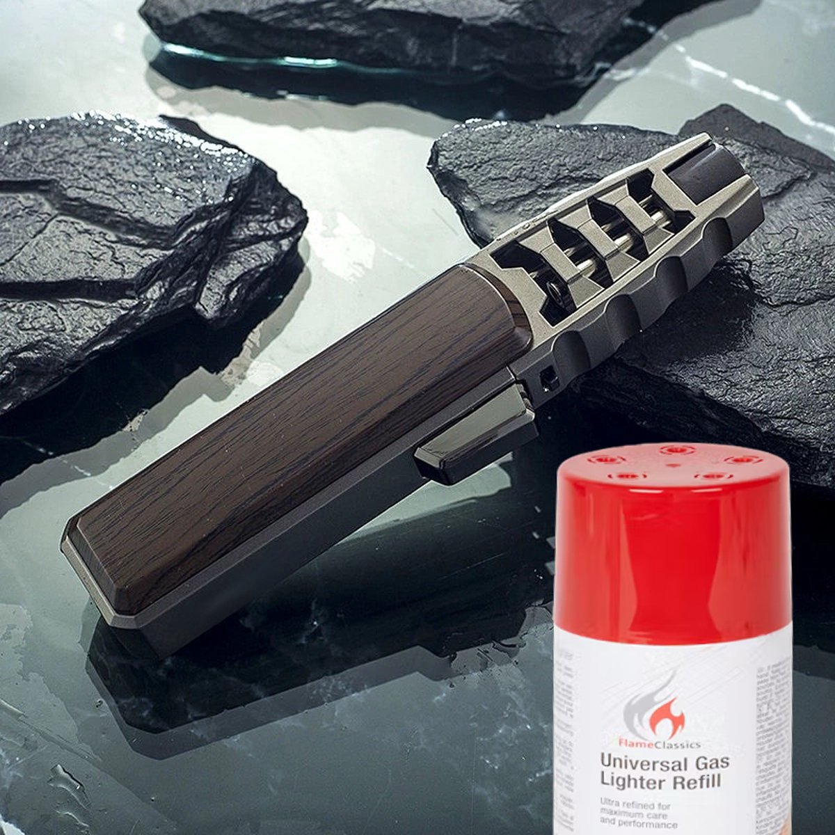 Goedkoopste Turbo Jetflame Aansteker - Gasbrander - Vuurwerk Torch - Crème Brûlée Brander - BBQ en Sigaren Aansteker - Windproof - Walnoothout met Grijze Metalen Behuizing - Met Gasfles 250ML
