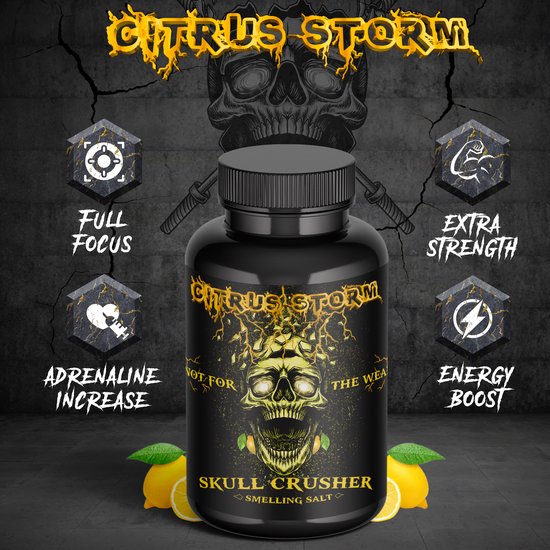 Potje Skull Crusher Citrus Storm smelling salt met gele schedel en bliksemschichten, omringd door iconen voor focus en kracht, en citroenen.