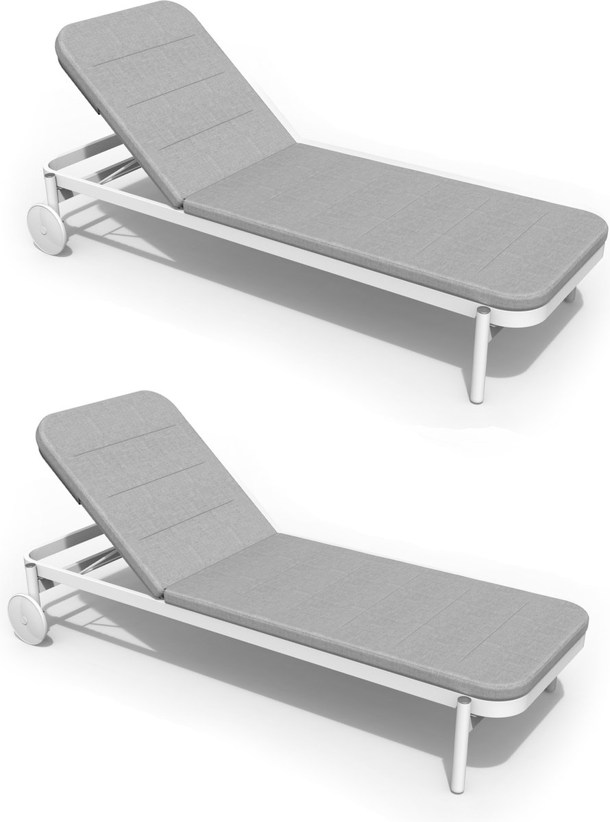 NATERIAL - Set van 2 ligstoelen ARENA - 2 x ligstoelen met verstelbare rugleuning - 198X82X90 cm - 5 standen - Met kussen - Met wielen - Aluminium - Polypropyleen - Wit - Grijs