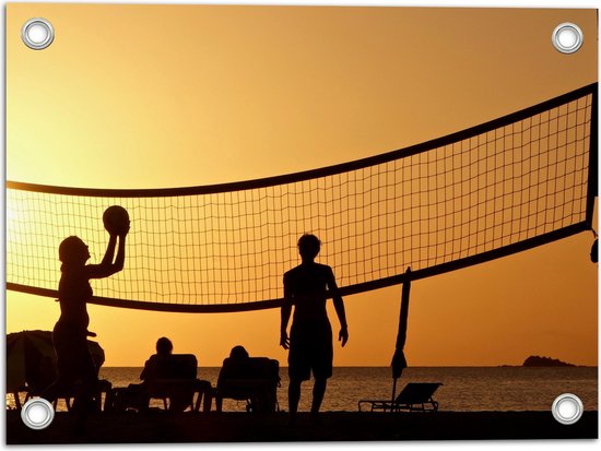 Tuinposter – Silhouet van Gelukkig Familie op het Strand tijdens Volleybal - 40x30 cm Foto op Tuinposter (wanddecoratie voor buiten en binnen)