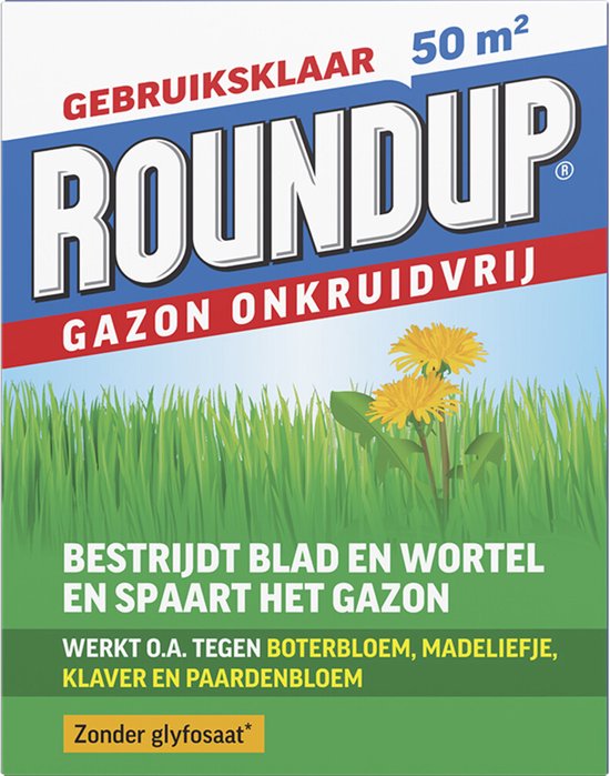 Verpakking Roundup gazon onkruidvrij met tekst 'Gebruiksklaar 50 m²', 'Roundup Gazon Onkruidvrij', 'Bestrijdt blad en wortel en spaart het gazon', 'Zonder glyfosaat'.