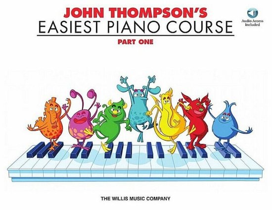 Couverture de livre avec le titre 'JOHN THOMPSON'S EASIEST PIANO COURSE PART ONE' et sept monstres colorés de style dessin animé dansant sur un clavier de piano.