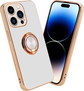 Cadorabo Hoesje geschikt voor Apple iPhone 14 PRO MAX in Glossy Wit - Goud met ring - Beschermhoes van flexibel TPU-silicone Case Cover met camerabescherming en magnetische autohouder